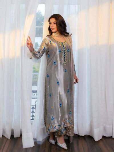 Moonlit Silver Embroidered Luxury Long Dress – Formal Occasion Wear