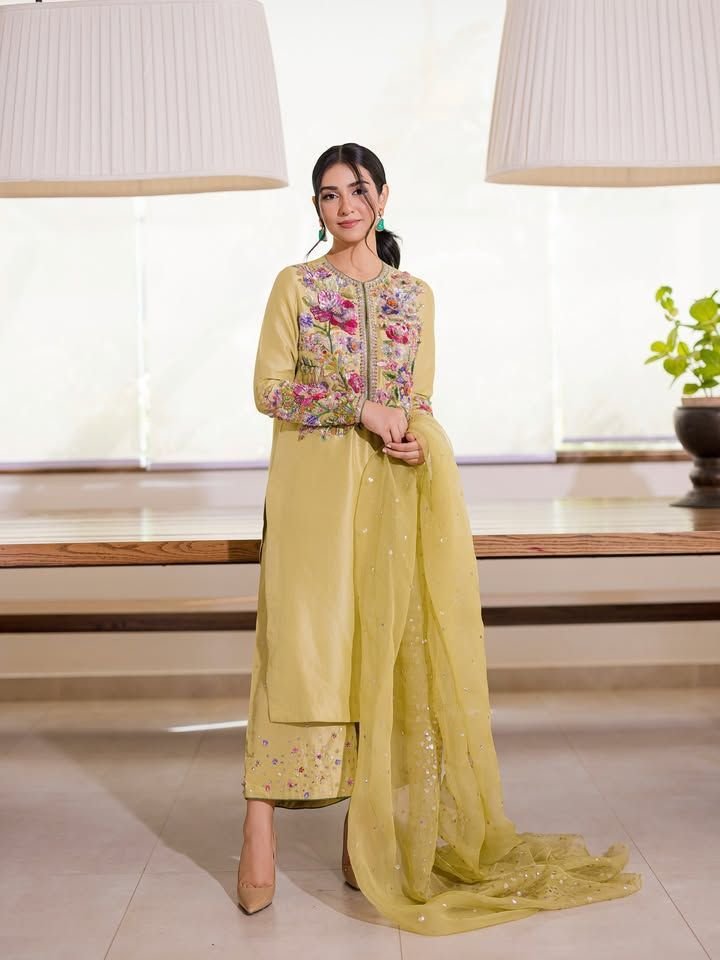 Lemon Glow Embroidered 3-Piece Suit – Luxury Occasion Wear