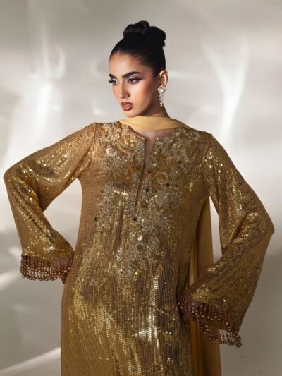 Luxury Gold Embellished Sequin Dress – Festive & Wedding Wear