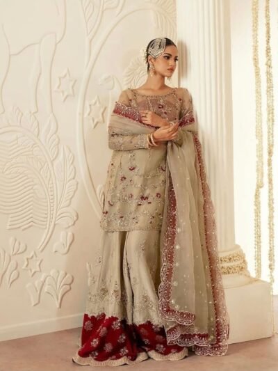 Luxury Hand-Embroidered Pakistani Bridal/Party Wear Lehenga Set – Beige & Maroon