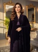9000 Micro Velvet Pure Suit – Elegant Qureshia Work on Daman, Full Velvet Laser Cut Shawl & Silk Trousers