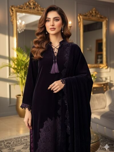 9000 Micro Velvet Pure Suit – Elegant Qureshia Work on Daman, Full Velvet Laser Cut Shawl & Silk Trousers